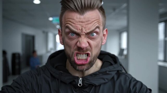 A man is in a gym showing different angry faces. He makes strong expressions while focused on his workout. The environment is bright and has gym equipment around him
