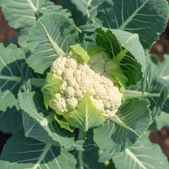 Overhead shot of a cauliflower plant with large green leaves. Fresh, edible, natural