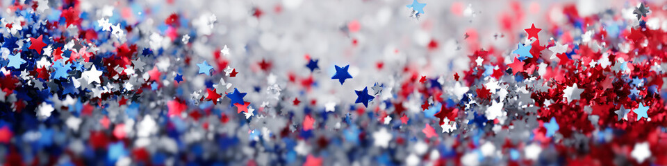 A colorful background of red white and blue star confetti scattered everywhere