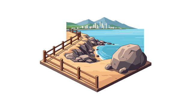 Coastal pathway with city skyline and mountains in the background