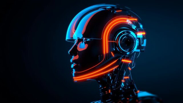 Futuristic robot head with glowing neon circuits and digital patterns, representing advanced technology and artificial intelligence concepts in a modern design.