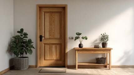 Minimal wooden entrance hallway interior with natural door console table and indoor plants