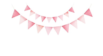 watercolor illustration of a delicate pastel pink bunting garland with triangular flags, isolated on a bright white background with copy space. minimalist celebration atmosphere