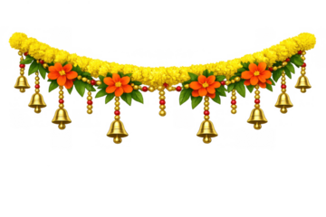 Indian festive torana concept with marigold flowers and bells, design element for diwali and hindu celebrations