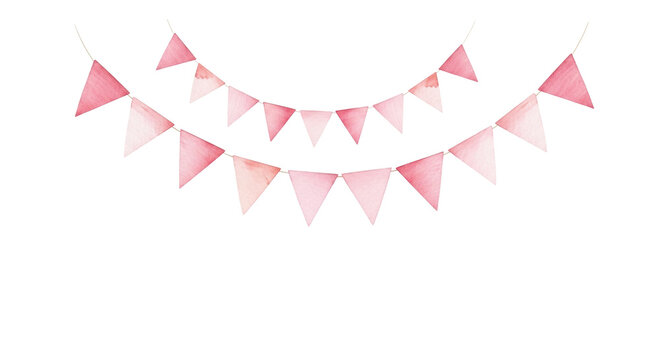 watercolor illustration of a delicate pastel pink bunting garland with triangular flags, isolated on a bright white background with copy space. minimalist celebration atmosphere