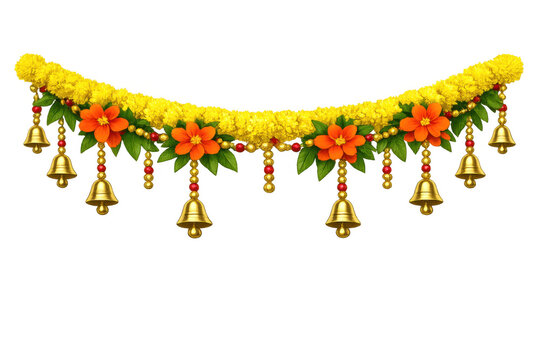 Indian festive torana concept with marigold flowers and bells, design element for diwali and hindu celebrations