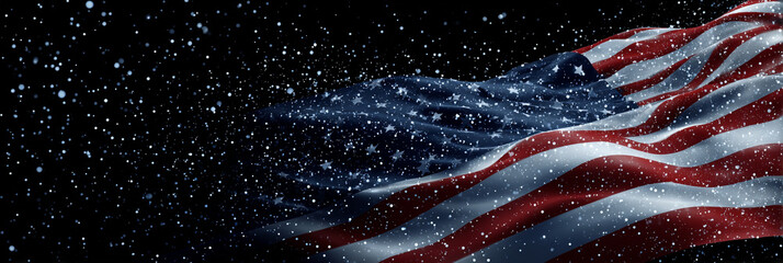 The American flag waves dramatically against a starry night sky background
