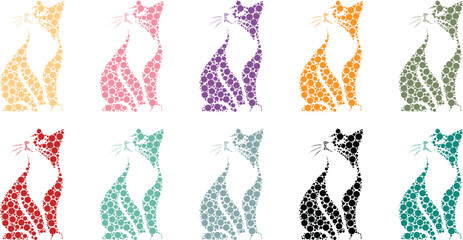 Varied dot art cat silhouettes in rows, Colorful mosaic feline icons © jakircreativedesign
