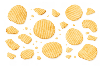 Crispy ridged potato chips flying with broken pieces, a savory snack food, crunchy appetizer on transparent background