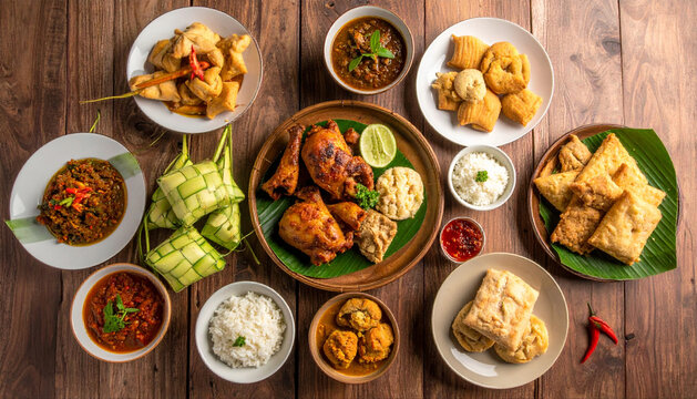 Traditional Indonesian Nasi Liwet Meal with Grilled Chicken, Rice, Sambal, Tofu and Tempeh on Wooden Table