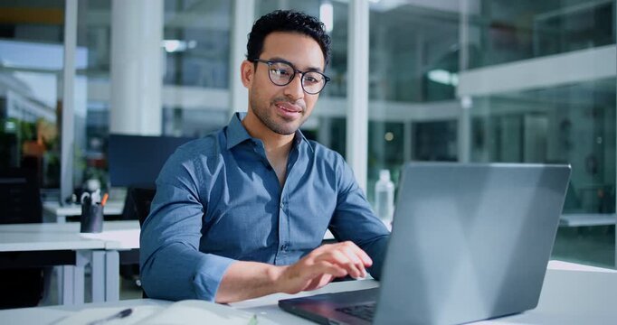 Typing, businessman and laptop in office for account report, company audit or online research. Finance project, smile and communication with tech for performance review, management or bookkeeping