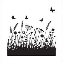 Naklejka premium Floral meadow silhouette with wildflowers, Silhouette of wildflowers, grasses, and butterflies vector illustration