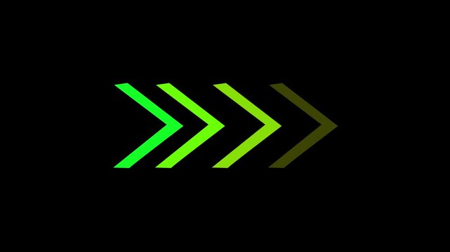 Animated glowing neon arrow swipe symbol, modern direction sign icon on dark background, clean interface motion design, HD video.