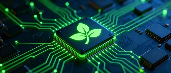 Green energy technology concept with microchip and glowing leaf icon