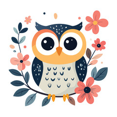 Fototapeta premium Cute cartoon baby owl with a heart and flowers on a nature tree branch vector illustration for a wise animal family love card