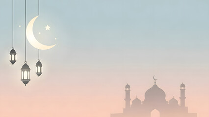 Serene Islamic Night with Mosque Silhouette and Festive Lanterns, festival, banner, greeting card design.