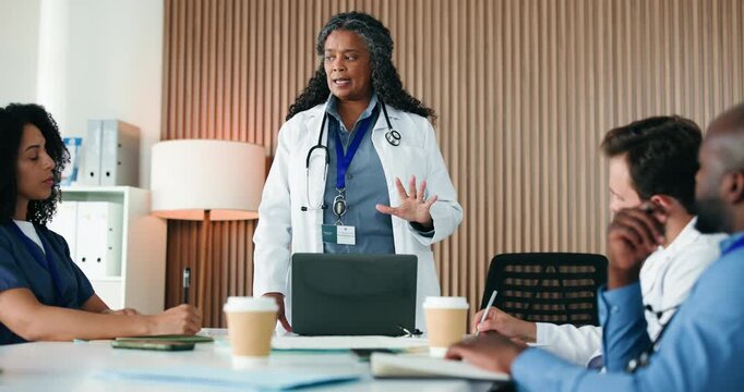 Communication, manager or doctors writing in boardroom, admin or operational planning for private practice. Healthcare, committee meeting or clinic director with update for medical team, people or pc