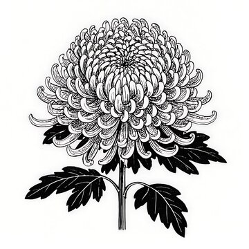 Detailed black and white of a chrysanthemum flower with leaves