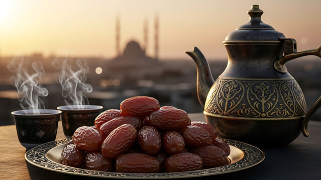 A set of dates and tea with a teapot in front of a mosque at sunset.