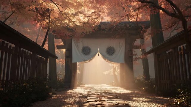 朝の光が差す参道と紅葉に包まれた山門の景色