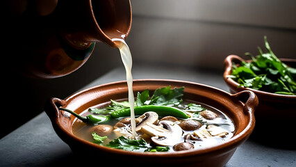 Mexican caldo de hongos (mushroom soup) being poured from an earthenware jug into a bowl, epazote leaves, green chilies, chunks of fresh mushrooms in an aromatic broth