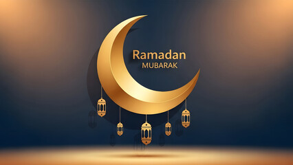 Golden Crescent Moon and Lanterns for Ramadan Mubarak Greeting, festival, banner, greeting card design.