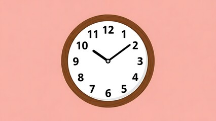 A clock displaying 1 o'clock on a soft pink background with a brown frame
