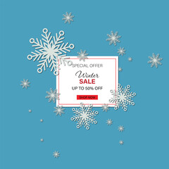 Winter sale announcement with falling snowflakes suitable for mobile apps, banner design and web internet ads.