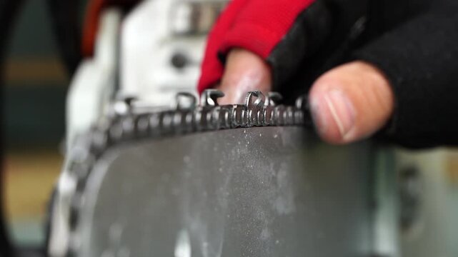 A forester sharpens a chainsaw chain before cutting a tree