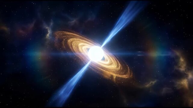 Abstract Pulsar Star Illustration Against Dark Nebula Starfield Background With Blue Jets And Gold Ring Nebula