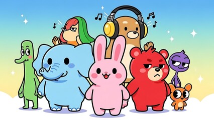 Naklejka premium A group of cartoon animals standing together with various emotions on a colorful background
