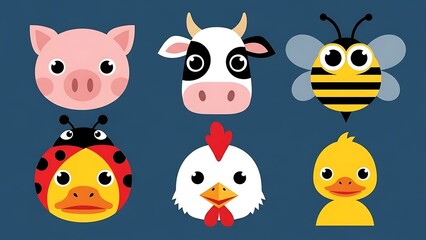 Fototapeta premium A collection of farm animals and insects illustrated in a cartoon style