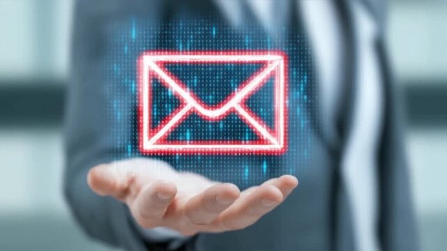 A businessman holding a digital email icon, representing modern communication and technology in the workplace.