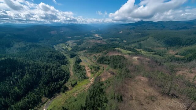 An aerial picture exhibiting habitat decline and fragmentation shows an undamaged forest abruptly next to a burnt clearcut region.