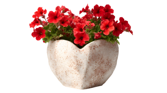 Red geraniums in heart-shaped pot isolated on transparent background - Powered by Adobe