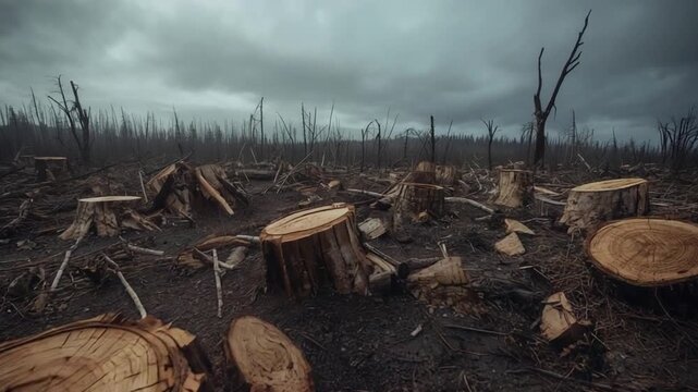 Tree Stumps and Logging Debris After Forest Destruction
