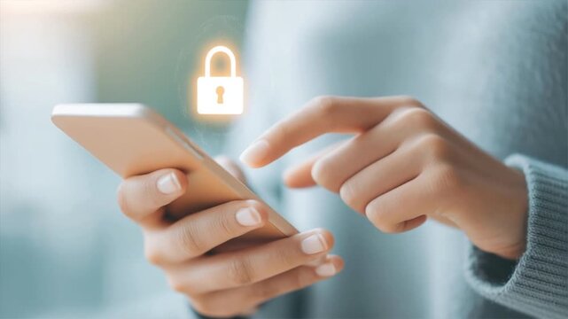 A close-up shot of a person using a smartphone with a padlock symbol, indicating security and privacy.