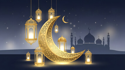 Golden Crescent Moon and Lanterns for Islamic Celebration, for festival, banner, greeting card design.