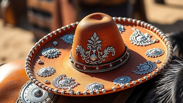 charro. An ornate Mexican charro hat resting on a leather saddle. event programs, museum guides, cultural reports, designed for cultural heritage projects and event programs, used by professors.