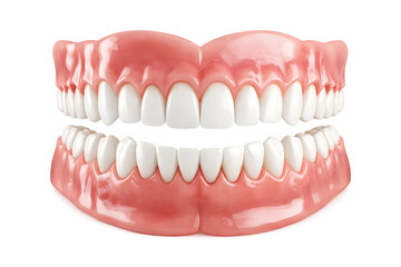 Obraz premium A full set of realistic 3D dentures. An artificial jaw with white teeth for dentistry and prosthetic concepts. Isolated on a white background.