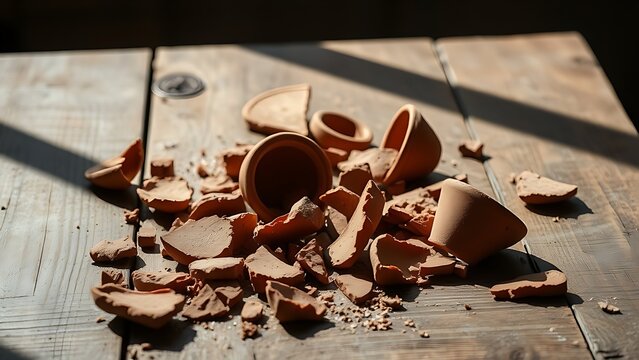 permanence. Shattered terracotta pot fragments on rustic wooden table, dramatic shadows. lifestyle magazines, social media lookbooks, designed for influencer and brand collaborations.