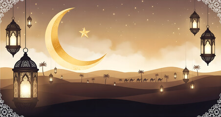 Mystical Desert Night with Golden Moon and Traditional Lanterns