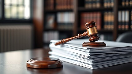 subjectivity. A wooden gavel on case files at a dark desk with a bookshelf background. pitch deck slides, case study pages, designed for corporate presentation decks and stakeholder reports.