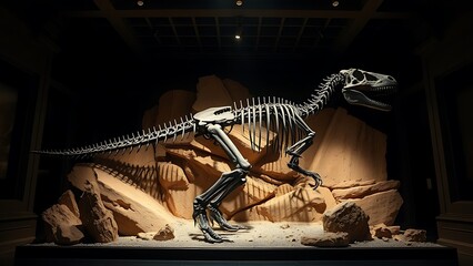 unearthing. Museum diorama of a newly discovered dinosaur skeleton silhouette in stone. STEM education sheets, lab safety posters, designed for biotech research communications.