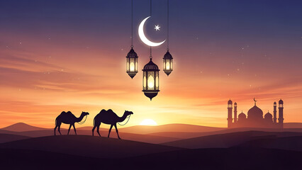 Desert Sunset with Camels, Mosque, and Islamic Lanterns, for festival, banner, greeting card design.