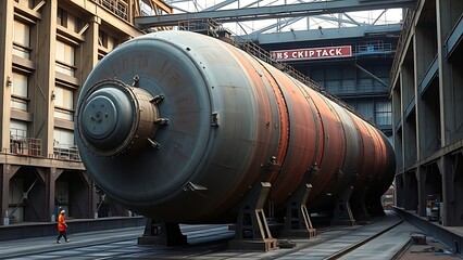 hydrologic. Massive steel caisson supported by jacks in an industrial dry dock setting. safety posters, maintenance manuals, designed for precision metalworking and fabrication facilities.