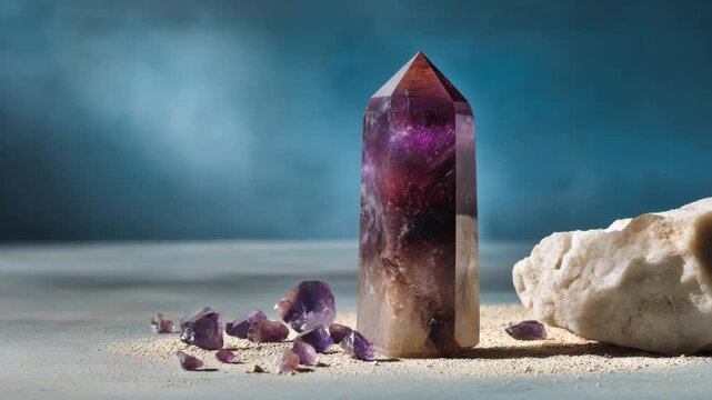 Amethyst crystal point with raw stones on sandy surface