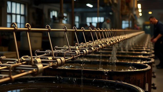 electroplating. Electroplating workshop with cathode rods moving over chemical baths. safety posters, maintenance manuals, designed for industrial assembly lines and welding operations.