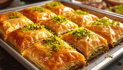 Delicious Baklava Pastries with Pistachios on a Silver Tray.