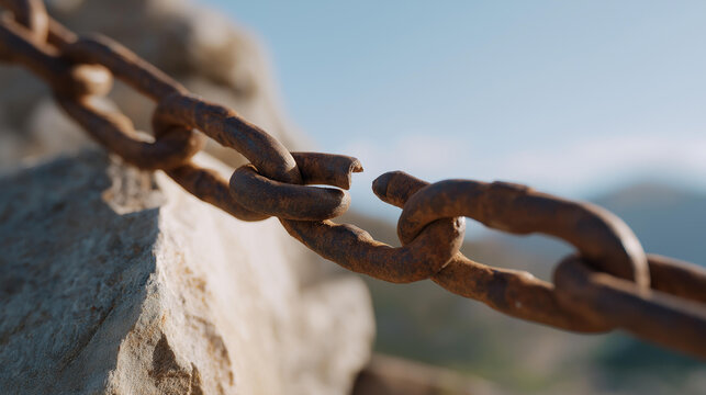 Broken metal chain link resting still, heavy texture and snapped joint symbolizing disruption, failure, and halted mechanical function. cinematic color correction, natural uneven lighting yet